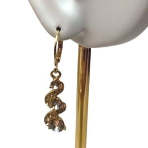 Snake Dangle Earrings Rhinestone Gold Tone Lever Back Drop‎ Earrings